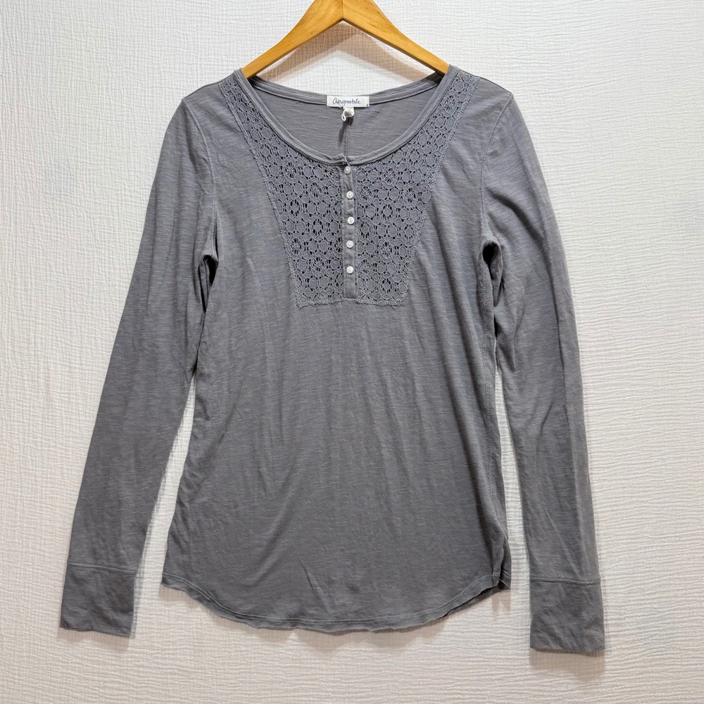 Aeropostale Henley Top Womens Size M Gray Long Sleeve Crochet Lace Accent Y2K